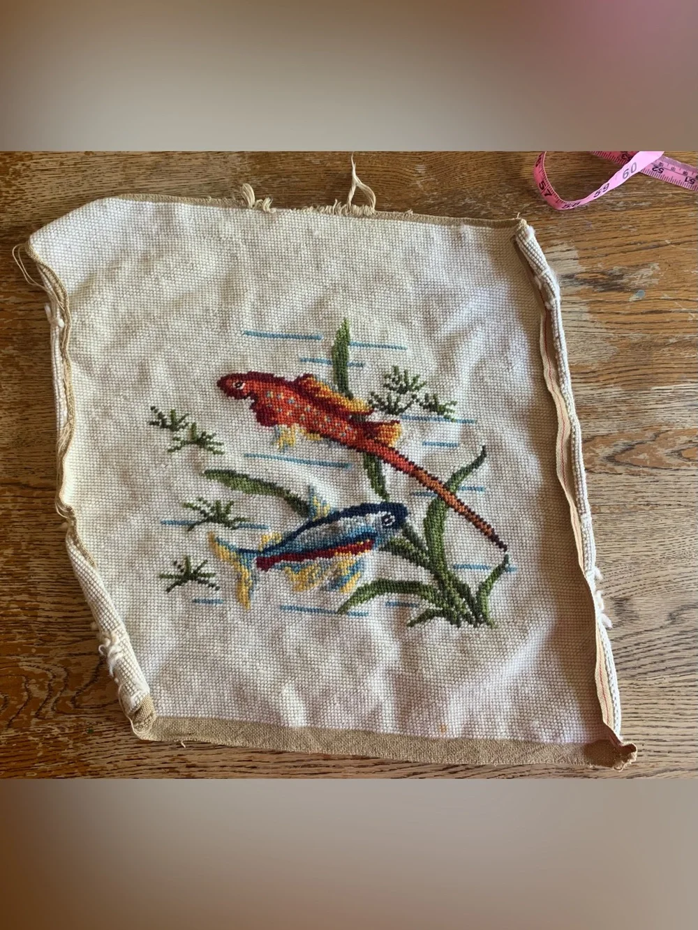 Handmade Needlepoint Fish Fiber Art in Orange and Blue Vintage